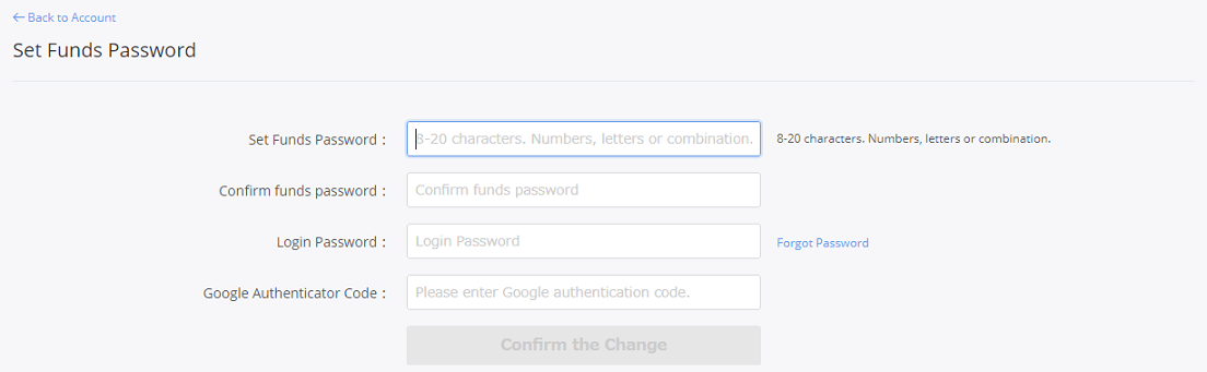 biboxのFunds Passwordの設定画面